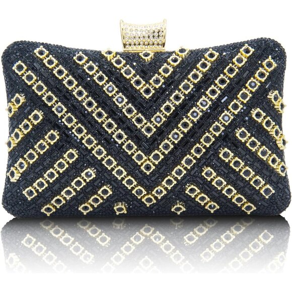 ⚡Women's Black Evening Sparkly Shoulder Crystal Clutch Bridal Party Wedding Bag - Picture 1 of 7